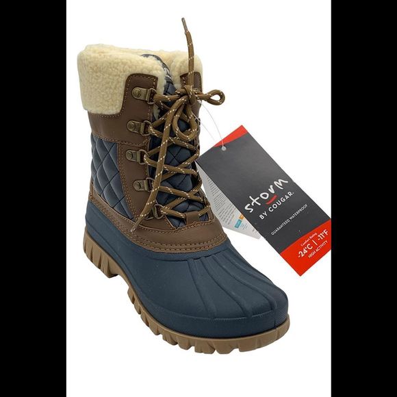 Cougar Waterproof Lace Up Winter Boots Carlisle Navy Dark Tan - Wide - Picture 1 of 3